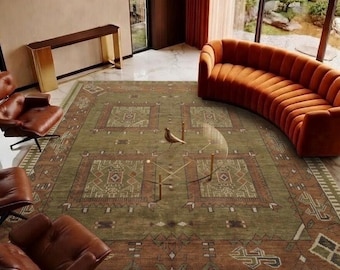 Vintage Tribal Hand Knotted Oushak Area Rug –9X12 feet  Olive Green & Rust Wool Carpet – Turkish Style Living Room Rug