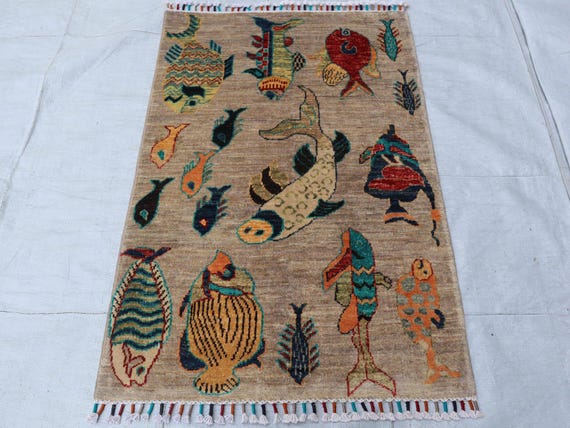 Hand Knotted Sea Life Rug | Whimsical Fish Design Rug | Coastal Area Rug | Ocean Inspired Wool Rug | Bohemian Nautical Carpet