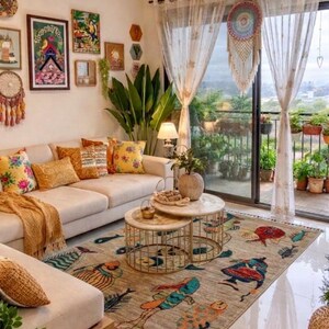 May include: A rectangular area rug featuring a colourful fish pattern in shades of blue, orange, and red on a beige background, placed under two round nesting coffee tables with gold wire bases in a living room with a beige sofa and sheer curtains.