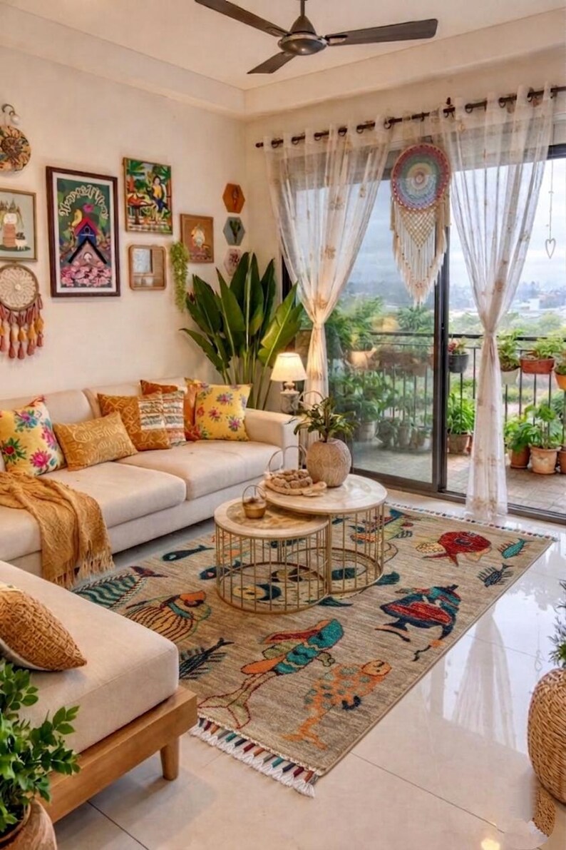 May include: A rectangular area rug featuring a colourful fish pattern in shades of blue, orange, and red on a beige background, placed under two round nesting coffee tables with gold wire bases in a living room with a beige sofa and sheer curtains.
