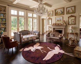 Hand Tufted Crane Round Wool Rug, Artistic Bird Design Carpet, Custom Size Home Decor