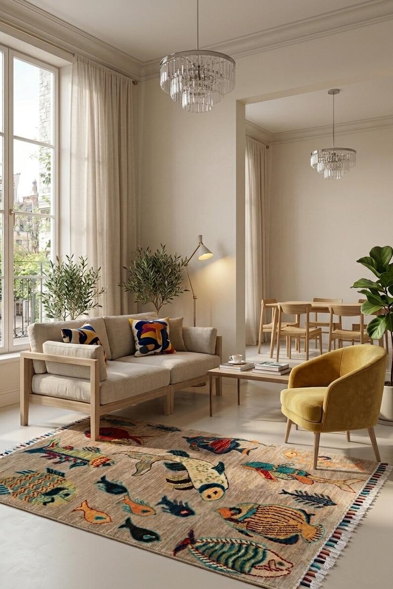 May include: A rectangular area rug featuring a beige background with a colourful pattern of various fish in shades of blue, orange, red, and green. The rug has a fringed edge with multi-coloured threads and is placed in a living room setting.