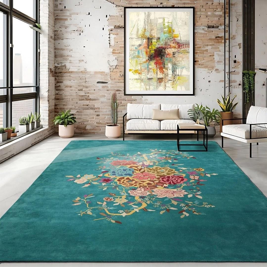 Turquoise Hand Tufted Floral Wool Rug, Chinese Art Deco Oriental Area ...