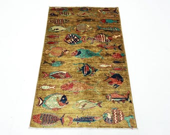 Hand Knotted Wool Fish Rug, Oriental Bohemian Coastal Home Accent (5X7)