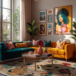 May include: A living room featuring a teal and yellow sectional sofa, a round coffee table, and a beige area rug decorated with colourful fish illustrations. The walls are adorned with a gallery of framed art prints and a large portrait painting.