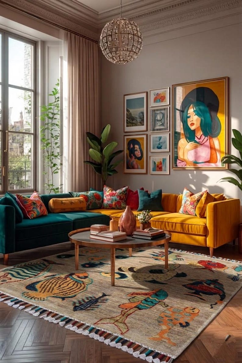 May include: A living room featuring a teal and yellow sectional sofa, a round coffee table, and a beige area rug decorated with colourful fish illustrations. The walls are adorned with a gallery of framed art prints and a large portrait painting.