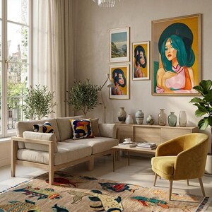 May include: A beige area rug featuring a colourful pattern of various fish in shades of blue, orange, red, and yellow, finished with a fringed edge. The rug is displayed in a living room with a light-coloured sofa, a yellow armchair, and wall art.