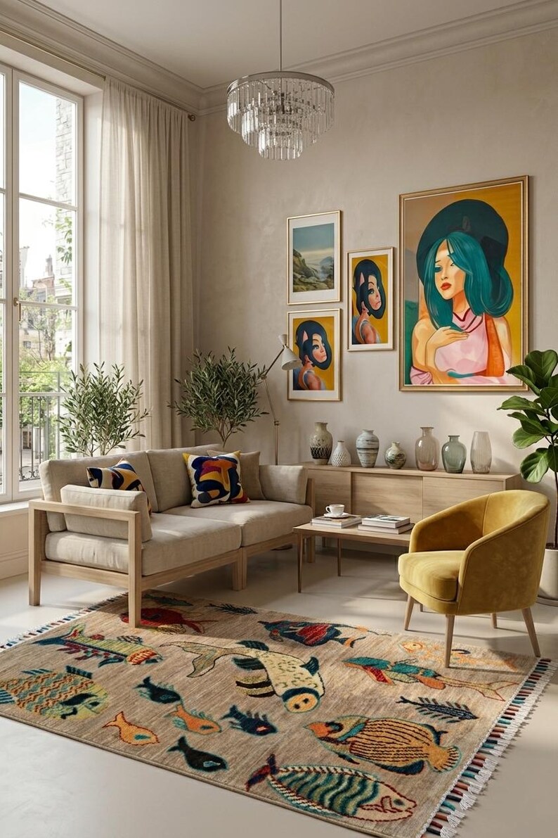 May include: A beige area rug featuring a colourful pattern of various fish in shades of blue, orange, red, and yellow, finished with a fringed edge. The rug is displayed in a living room with a light-coloured sofa, a yellow armchair, and wall art.