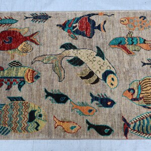 Hand Knotted Wool Rug | Whimsical Sea Life Fish Design, Coastal Bohemian Carpet image 8