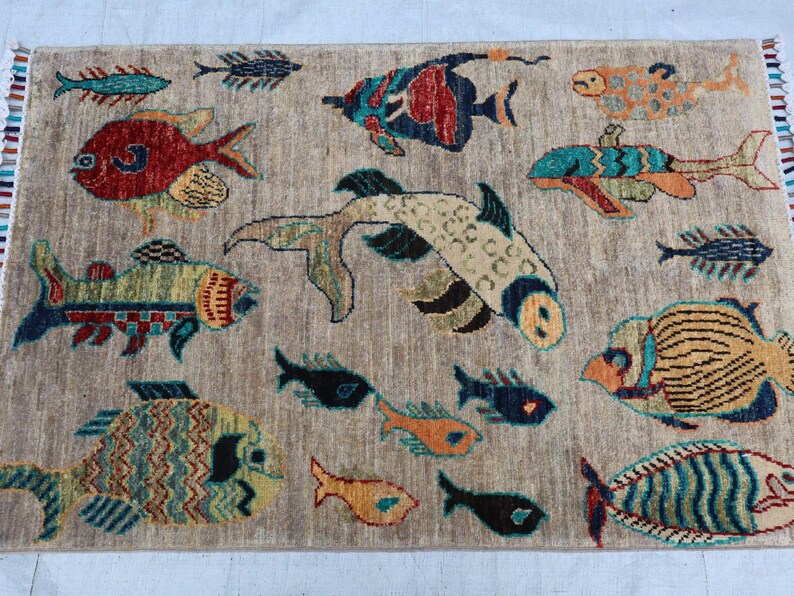 Hand Knotted Wool Rug | Whimsical Sea Life Fish Design, Coastal Bohemian Carpet image 8