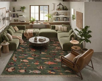 Hand Knotted Wool Fish Area Rug, Coastal Marine Life Design, Oriental Style