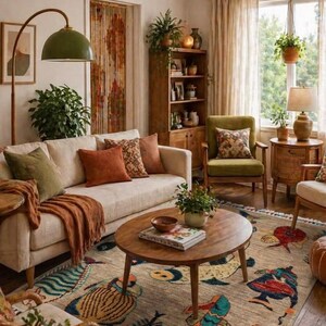 May include: A living room featuring a beige sofa with orange and green cushions, a wooden coffee table, and a large area rug decorated with colourful fish illustrations. The space includes a green floor lamp, a wooden bookshelf, and a green armchair.