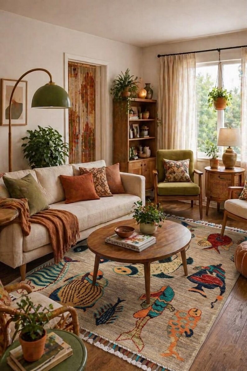 May include: A living room featuring a beige sofa with orange and green cushions, a wooden coffee table, and a large area rug decorated with colourful fish illustrations. The space includes a green floor lamp, a wooden bookshelf, and a green armchair.