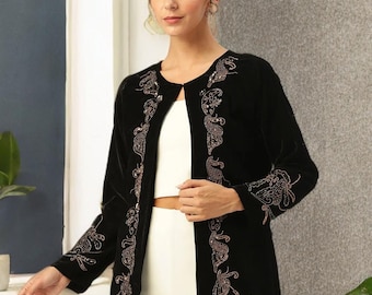 Schwarze Perlen Samt Longline Offene Jacke