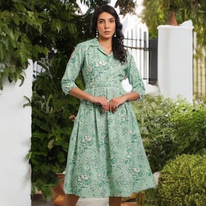 Handmade Green Floral Cotton Midi Dress: Vintage Style Fit & Flare