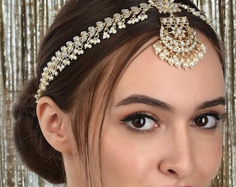 Tocado de boda Kundan Matha Patti / Perla chapado en oro hecho a mano
