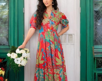 Handmade Pink Floral Dress: Women's Cotton Fit & Flare Midi