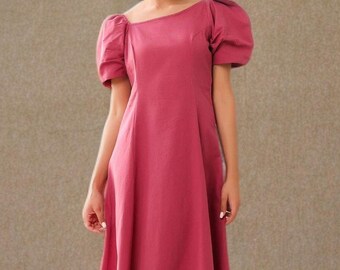 Pink Cotton Puff Sleeve Midi Dress