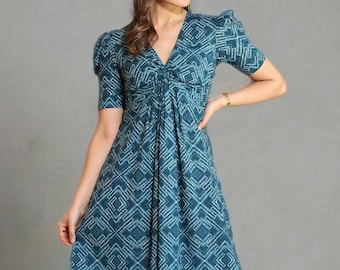 Teal Geometric Cotton Midi Dress