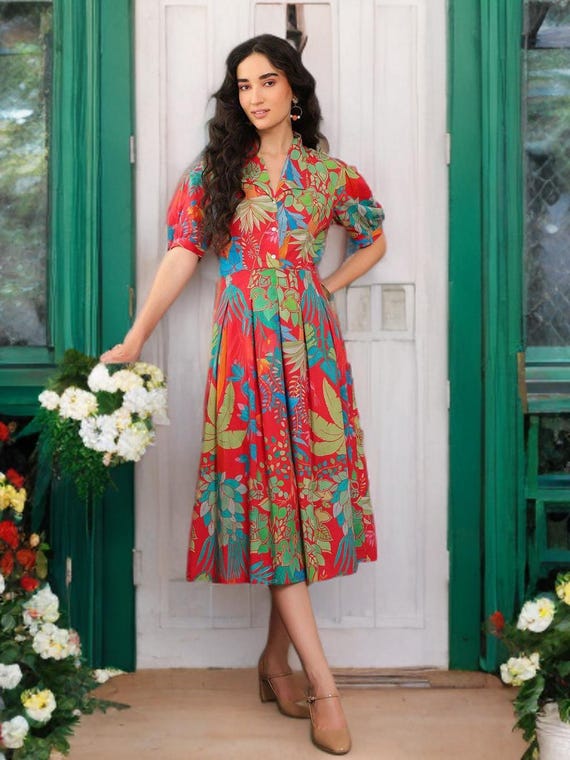 Handmade Pink Floral Dress: Women's Cotton Fit & Flare Midi