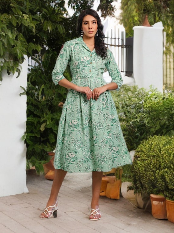 Yarn Mint Green Fit And Flare Dress Handmade Green Floral Cotton Midi  Dress: Vintage Style Fit Flare