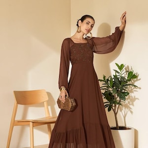 light brown chiffon dress Light Brown Chiffon A-line Prom Dress with Side Slit, V-neck and Beaded Accents