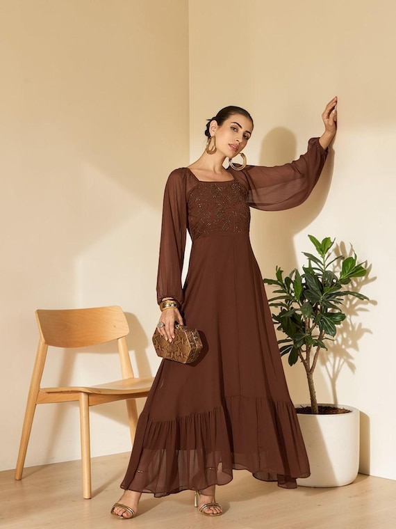brown embellished maxi dress Women Ruffles Chiffon Color:DEEP GREY These are garment measurements embellished floral dress Aidan Burnished Brown Men's