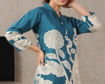 Handmade Silk Floral Blouse | Blue Indian Tunic Top