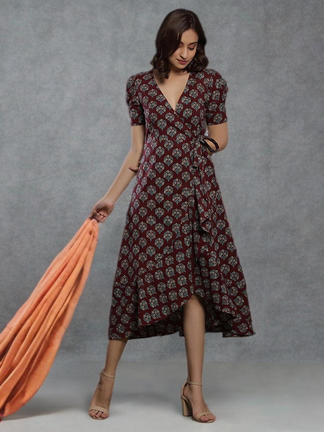 Maroon Floral Wrap Midi Dress