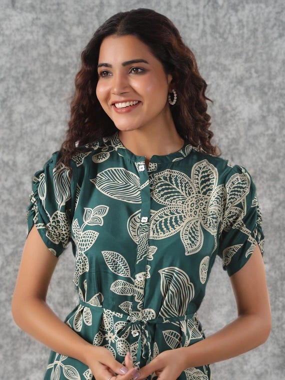 Green Floral Midi A-Line Dress