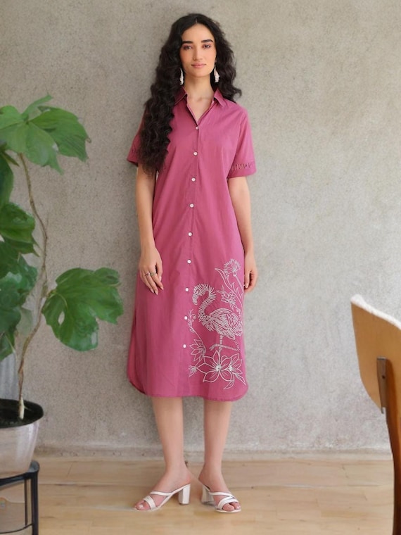 Pink Floral Embroidered Cotton Midi Shirt Dress Pink Floral Embroidered Cotton Midi Shirt Dress