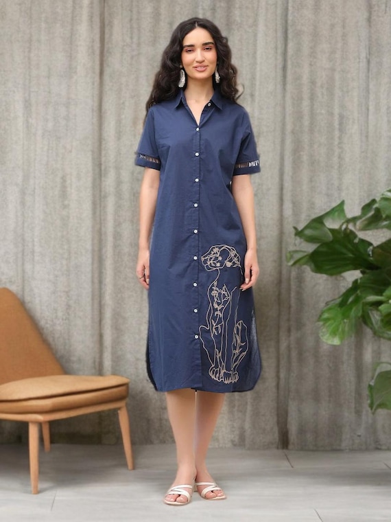 blue safari dress Navy Embroidered Cotton Shirt Men's safari