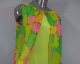 Vintage 1960's Mod Sheath Dress, Brightly Colored Semi Sheer Panels Flowing from Shoulders, Sleeveless, Fully Lined, Crepe Sheath, 26" waist