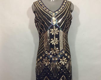 1980's Flapper Dress, Black w Gold Sequins, Glass Beads, Long Twist Fringe Hem