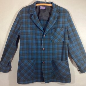 1960's PENDLETON Jacket, Leather Buttons, Patch Pockets, Blue Green Wool Plaid, Medium