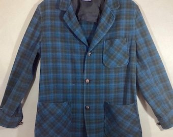 1960's PENDLETON Jacket, Leather Buttons, Patch Pockets, Blue Green Wool Plaid, Medium