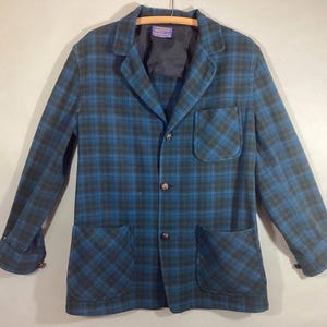 1960's PENDLETON Jacket, Leather Buttons, Patch Pockets, Blue Green Wool Plaid, Medium