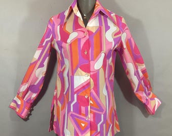 Vintage 1970's Psychedelic Crepe Blouse, Abstract, Long Sleeved, SIR GAL, Norben, Inc, CA, 38" bust
