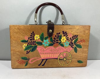 Vintage GARY GAIL Dallas Wooden Purse, Collectors Item, Hand Painted Flower Cart, Leather Hasp, Plastic Handle, Hinged Lid, 11.5 X 6.5 X 2.5