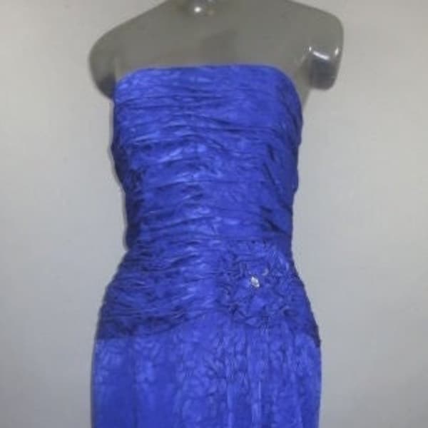 SALE***Vintage 1980's, A.J.BARI Silk Cocktail Dress, Strapless, Blue, Ruched Bodice, Hourglass Shape, Faux Wrap w/ Rosette and Rhinestones