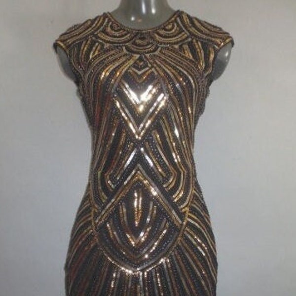 BABEYOND Cocktail Dress, Formal Sheath Dress, Gold Silver Sequins, Glass Beads, Twist Fringe, Full Lining, Back Zipper, Very Good Condition