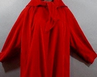 1950's Red Velveteen Hooded Swing Coat, Tapered Raglan Sleeves, Button Tie, Lined