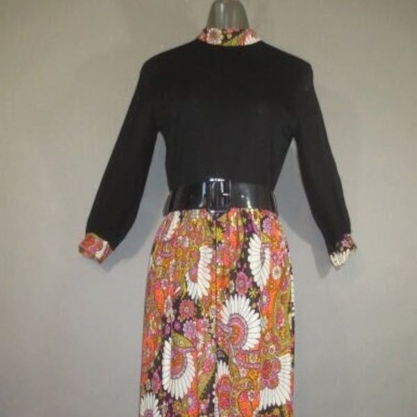 Vintage  1960's Mod Psychedelic Hostess Dress, Black Jersey Top w/ Mandarin Collar, Psychedelic Jersey Maxi Skirt, Good Condition, 30"waist