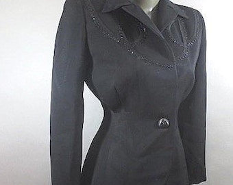 1940's Black Rayon Gabardine Jacket, Beaded Braid Trim, Fitted Waist, Shoulder Pads, 26" waist