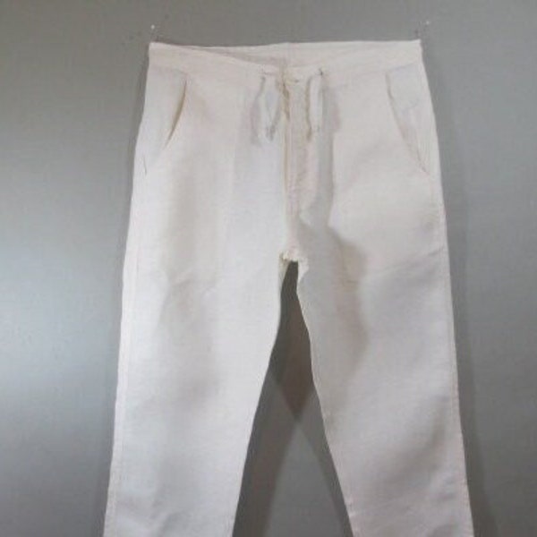 Vintage 1960's White Linen Pants, Tapered Legs, Regular Waistband w Drawstring, Back Button Pockets, Front Pockets, Like New, 34.5X 31.5"