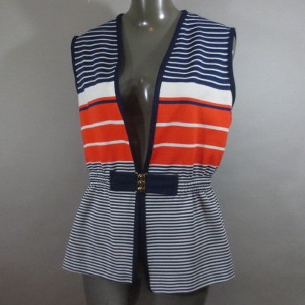 Vintage 1970's  Vest, SEARS Polyester Vest, Horizontal Stripe, Elastic Waist, Toggle Closure, Very Good Condition, 32-34 waist