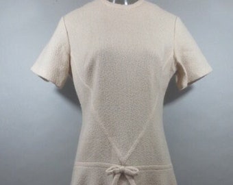 Vintage 1960s Dress, Drop Waist, A-line Skirt, Beige, Bonded Fabric, Mid Back Zipper, Crew Neck, Short Sleeve, Very Good Condition, 32"waist