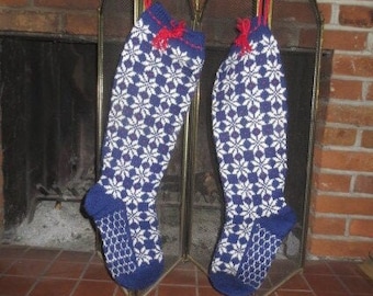Vintage Pair of Wool Christmas Stockings, Hand Knit, Snowflake Design, Excellent Condition, Hang on Mantel, 18" long, 11" Heel to Toe