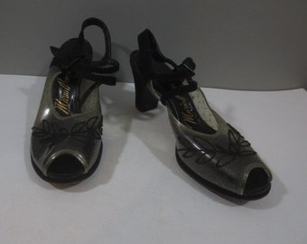 Vintage 1940's Women's Pumps, Fancy Open Toe, 3" Heel, Black Suede/ Plastic, MARIO POMPO Shoes, Sling Back, Strap over Foot, Size 9N