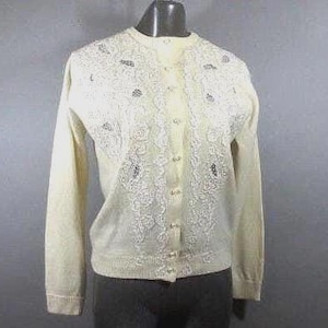 1950's Cardigan Sweater, Off White, Hand Decorated, British Hong Kong, Ribbon Scrolling, Open Work